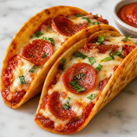 Pizza pepperoni tacos with melted mozzarella and fresh basil on a wooden board