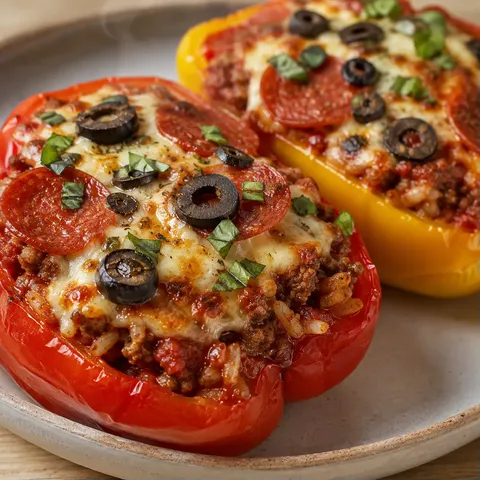 Pizza stuffed peppers with melted mozzarella, pepperoni, olives, and basil