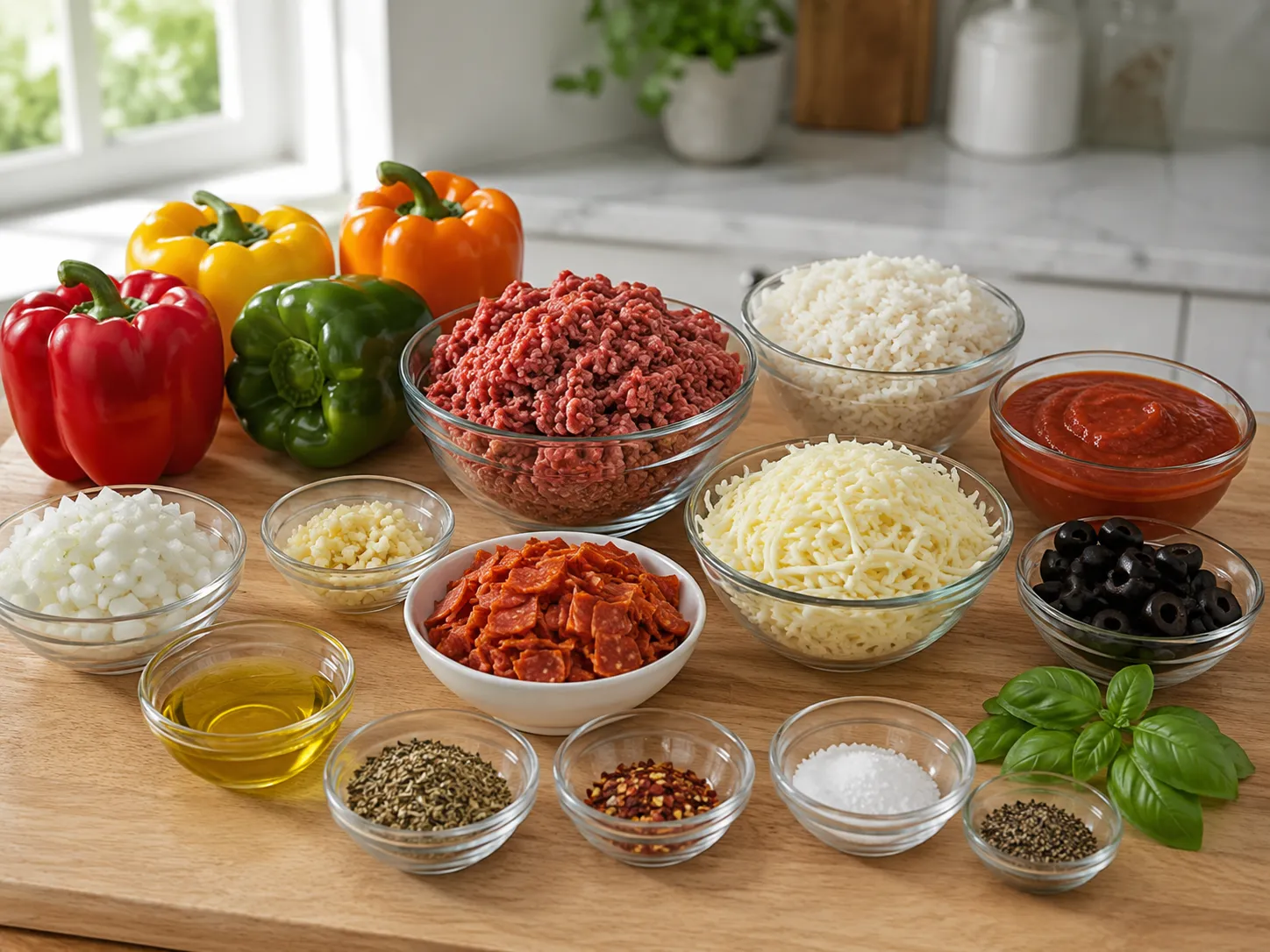 Ingredients for pizza stuffed peppers arranged on a light wood surface
