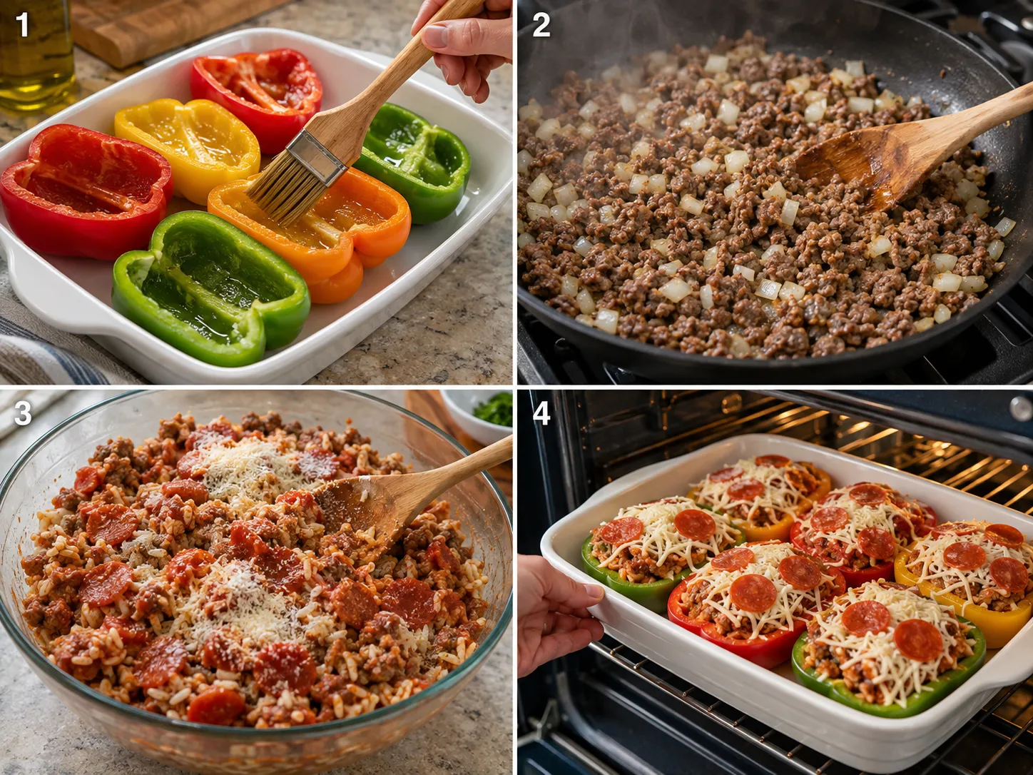 Four cooking steps for pizza stuffed peppers from prep to baking