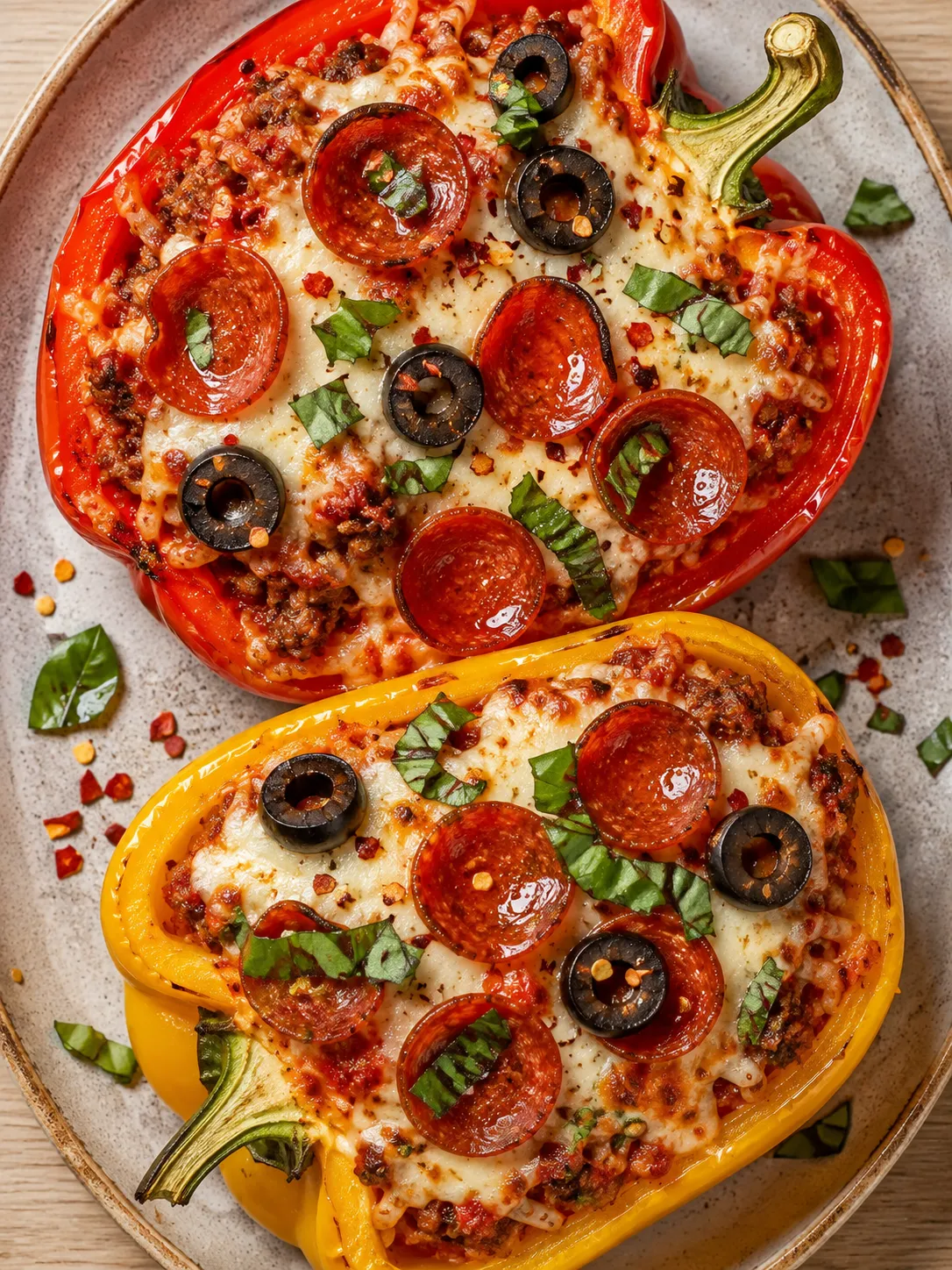 Top-down pizza stuffed peppers with browned cheese, pepperoni, olives, and basil