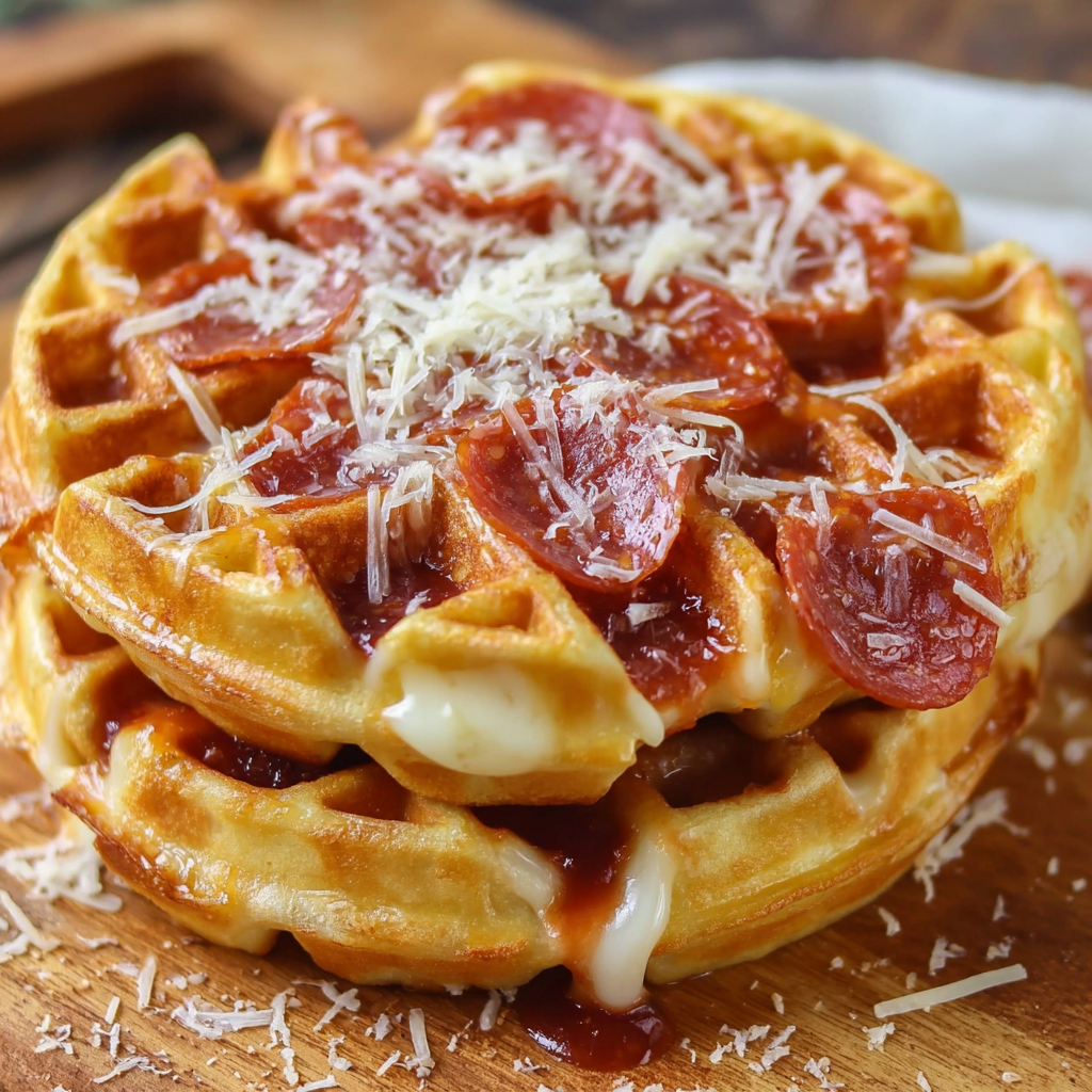Pizza Stuffed Waffles with Pepperoni and Cheese