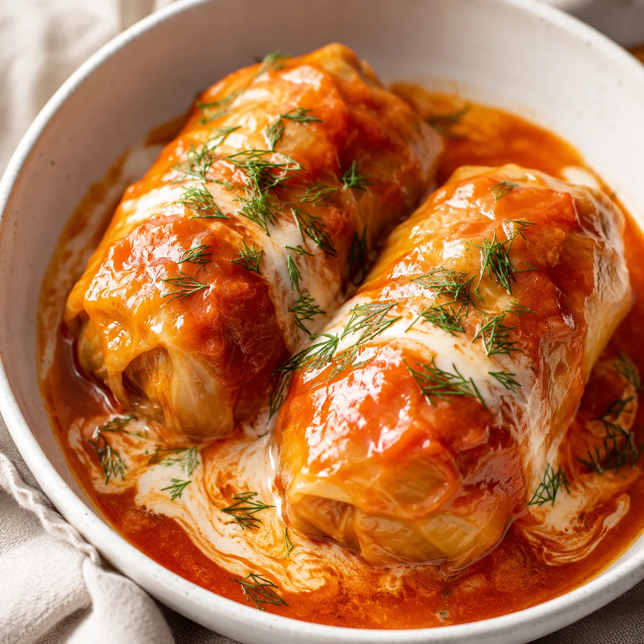 Polish gołąbki cabbage rolls in tomato sauce with sour cream and dill