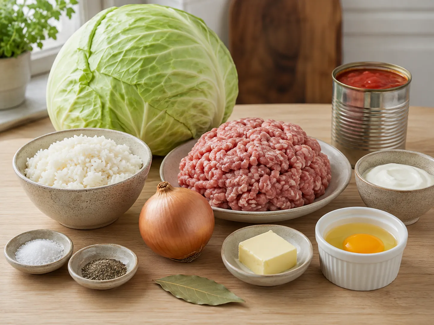 Raw ingredients for Polish gołąbki on a wooden surface