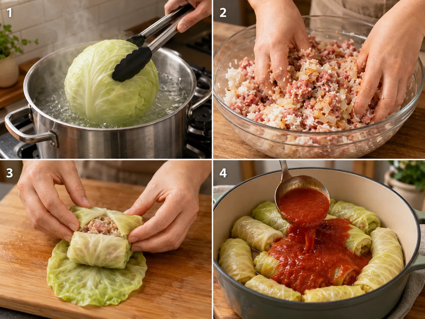 Four steps of making Polish gołąbki from blanching cabbage to simmering in tomato sauce