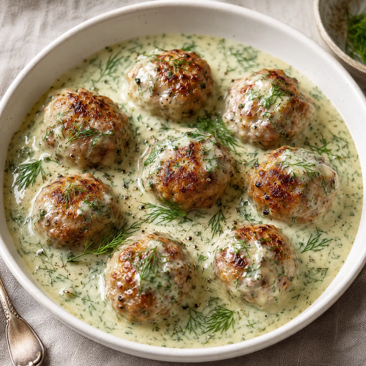 Polish klopsiki meatballs in creamy dill sauce in a white ceramic bowl