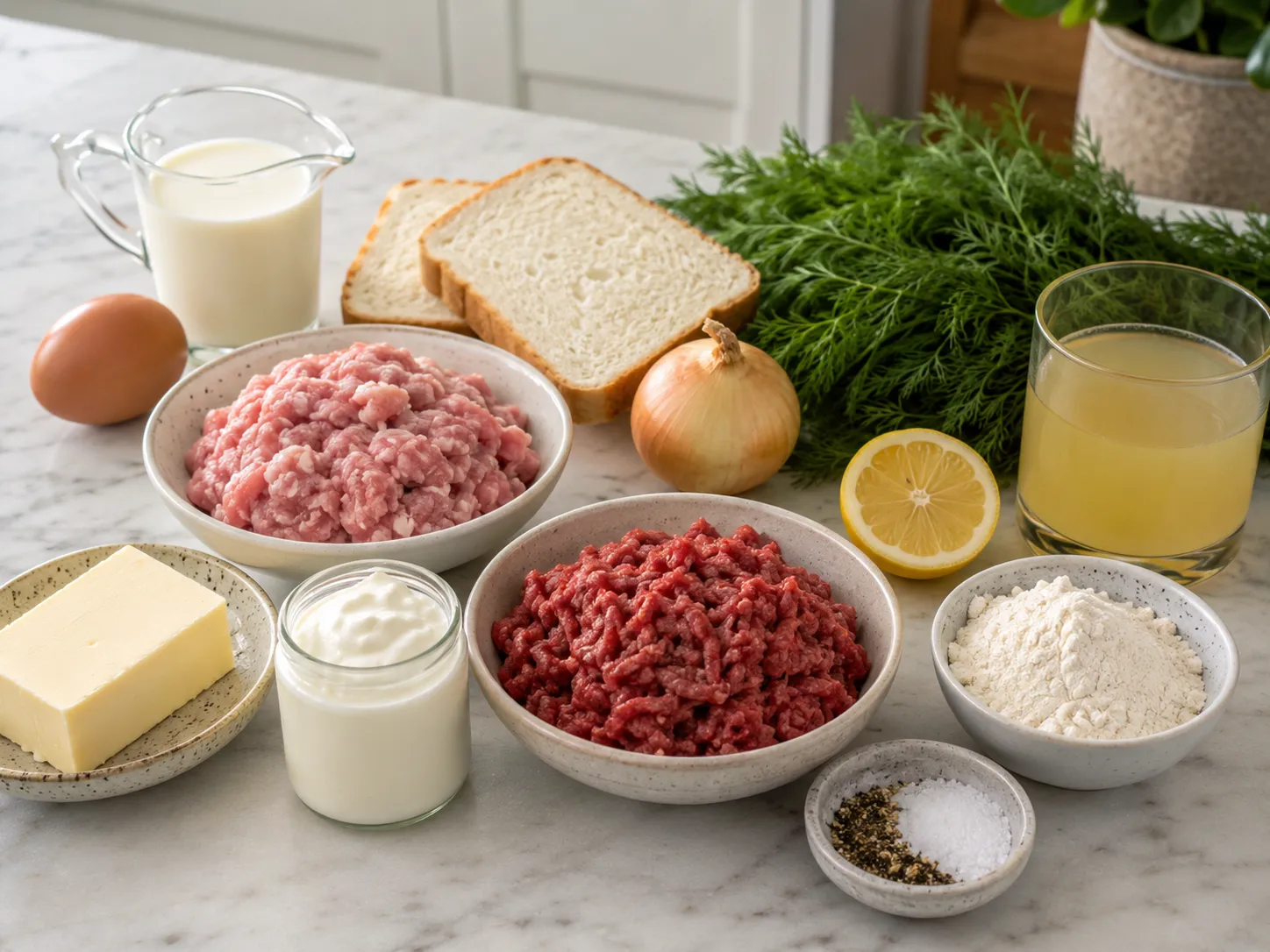Raw ingredients for Polish klopsiki including ground meat, bread, dill, sour cream, and butter