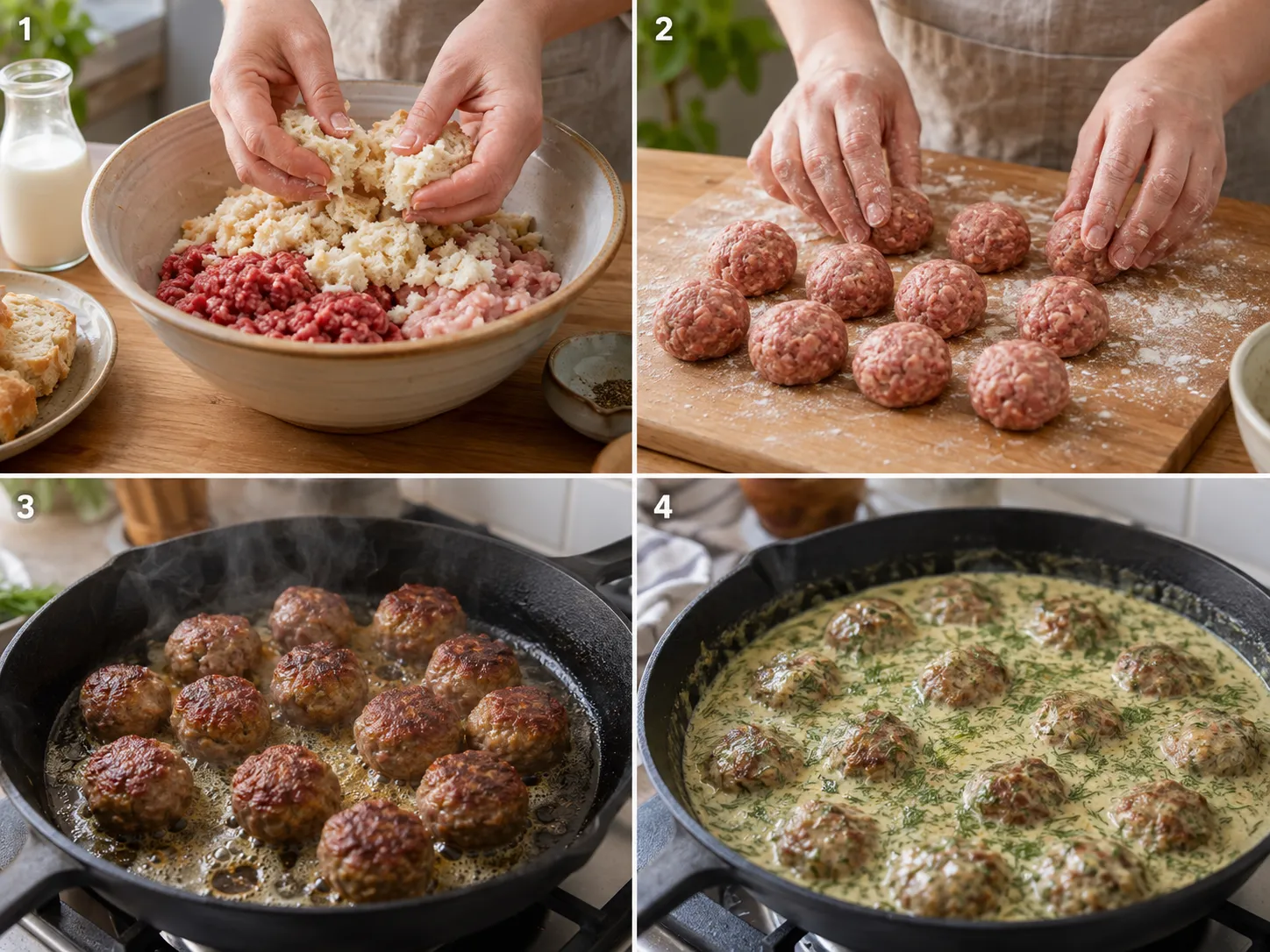 Four cooking steps for Polish klopsiki: mixing meat, shaping balls, browning in butter, and finishing in cream sauce