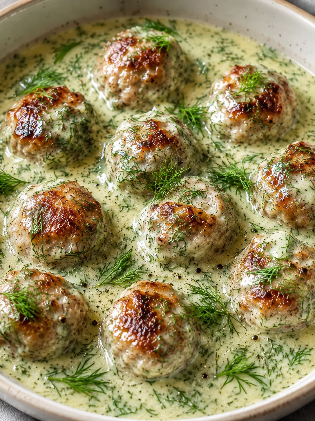 Polish klopsiki meatballs in silky dill cream sauce topped with fresh dill in a white bowl