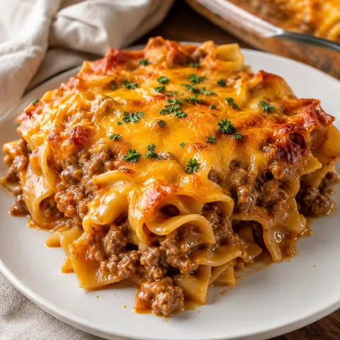 Poor Man Husband Casserole with beef, noodles, cheddar, and parsley