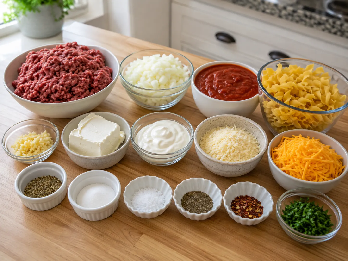 Ingredients for Poor Man Husband Casserole arranged on a wooden counter