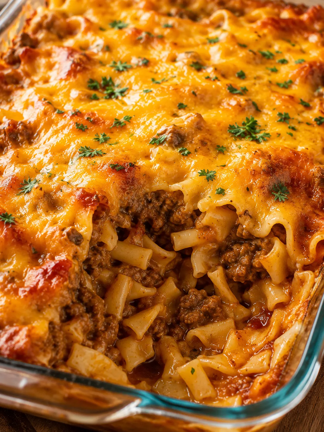 Baked Poor Man Husband Casserole with melted cheddar and parsley