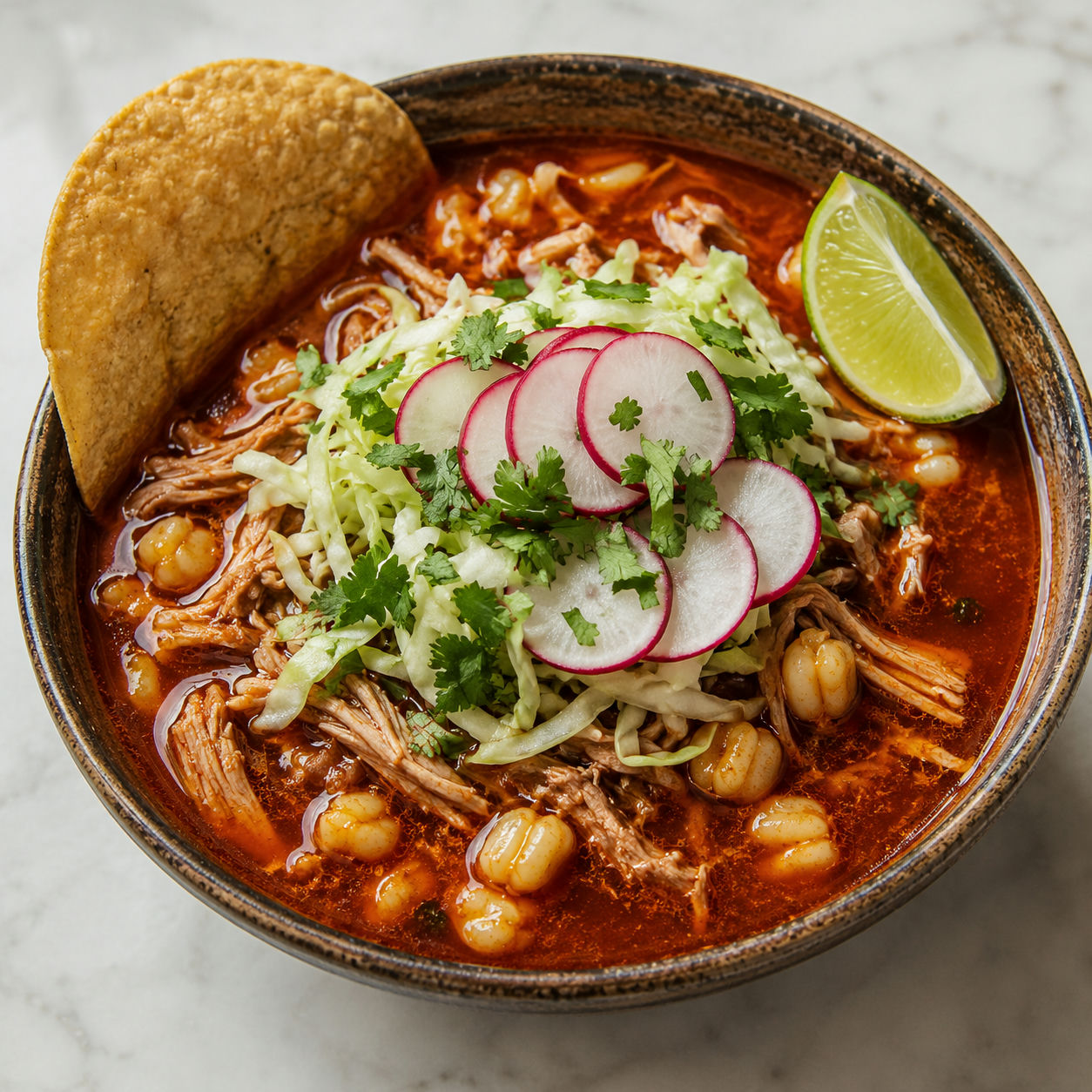 Pork pozole rojo in a ceramic bowl with hominy, shredded cabbage, radishes, cilantro, and lime