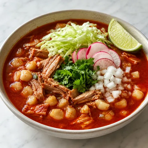 Pork pozole rojo in a ceramic bowl with hominy, shredded cabbage, radishes, cilantro, and lime