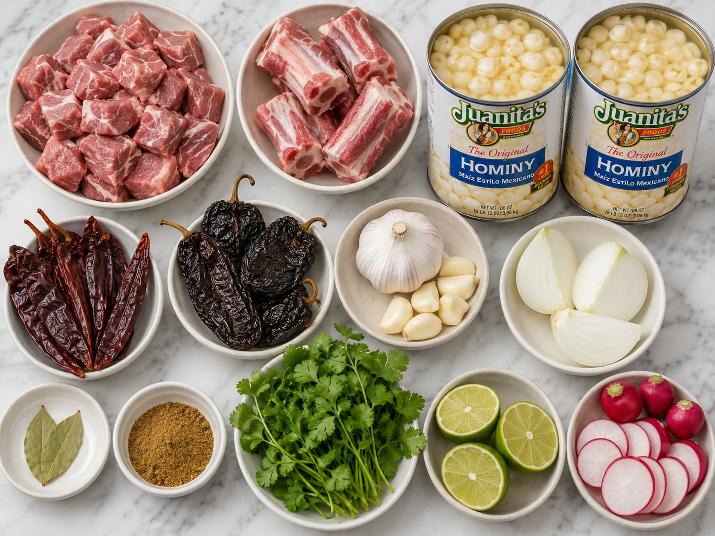 Raw ingredients for pork pozole rojo on marble including dried chiles, pork shoulder, and canned hominy