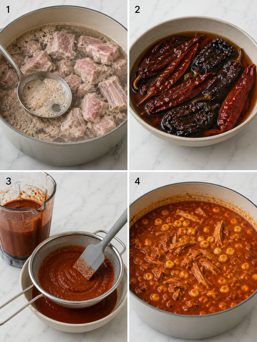 Four cooking steps for pork pozole rojo from skimming the pork broth to simmering the finished red stew