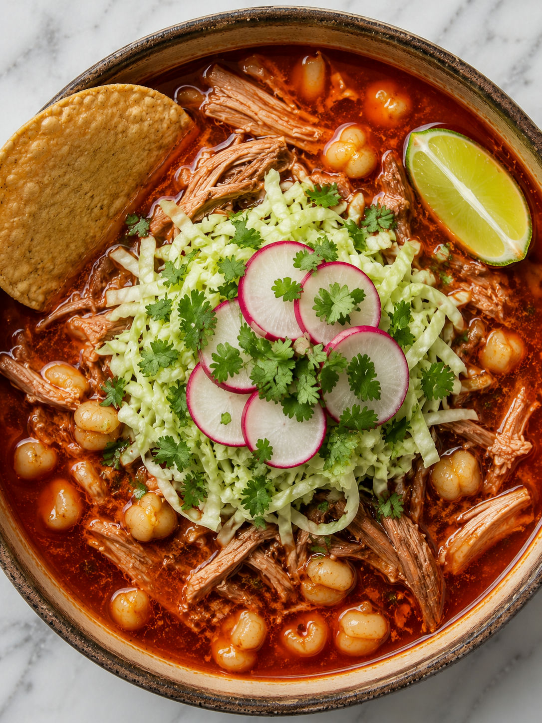Overhead ceramic bowl of pork pozole rojo with hominy, shredded cabbage, radishes, cilantro, and lime