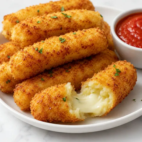 Crispy potato cheese sticks with melted mozzarella and marinara