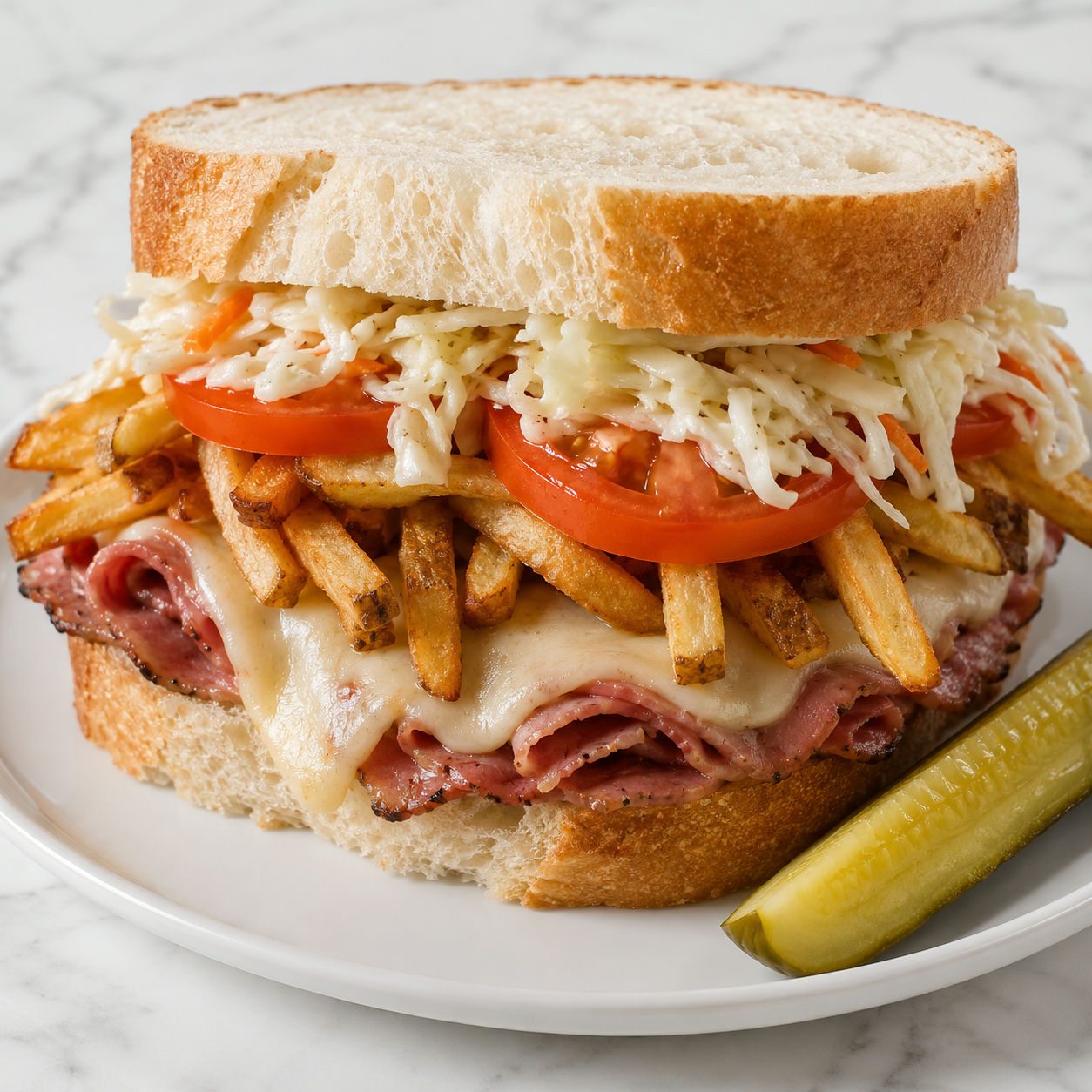 Primanti Classic Sandwich with fries, slaw, tomato, and melted provolone