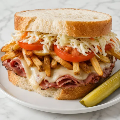 Primanti Classic Sandwich with fries, slaw, tomato, and melted provolone