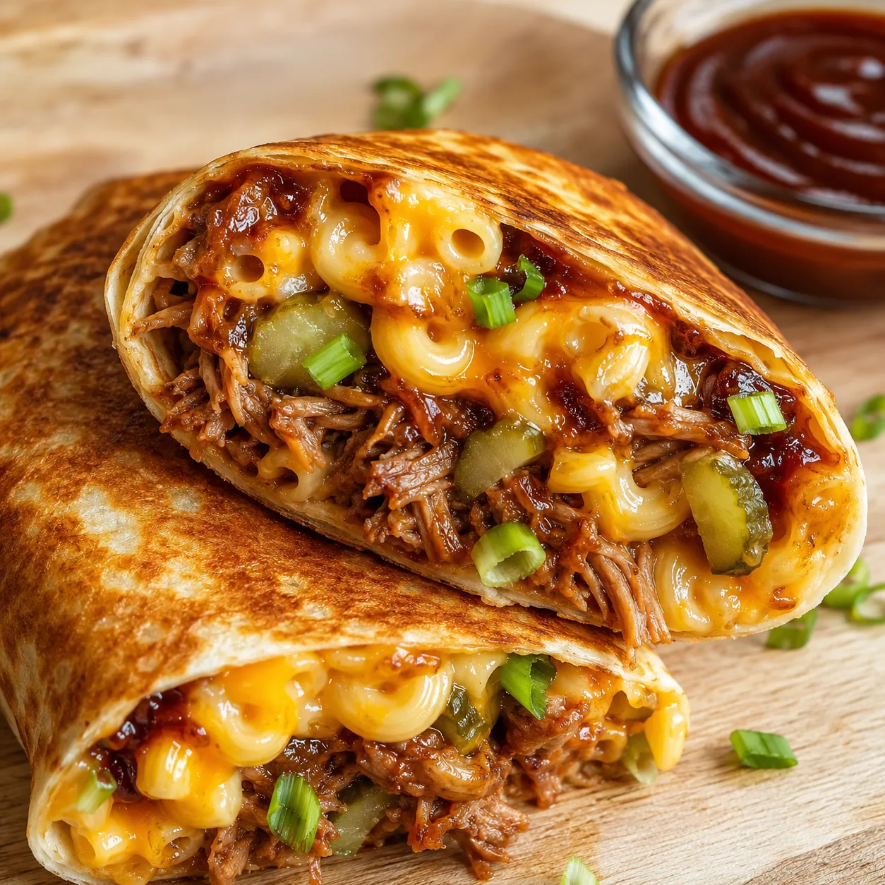 Pulled pork mac and cheese wrap sliced open with barbecue sauce