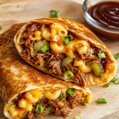 Pulled pork mac and cheese wrap sliced open with barbecue sauce