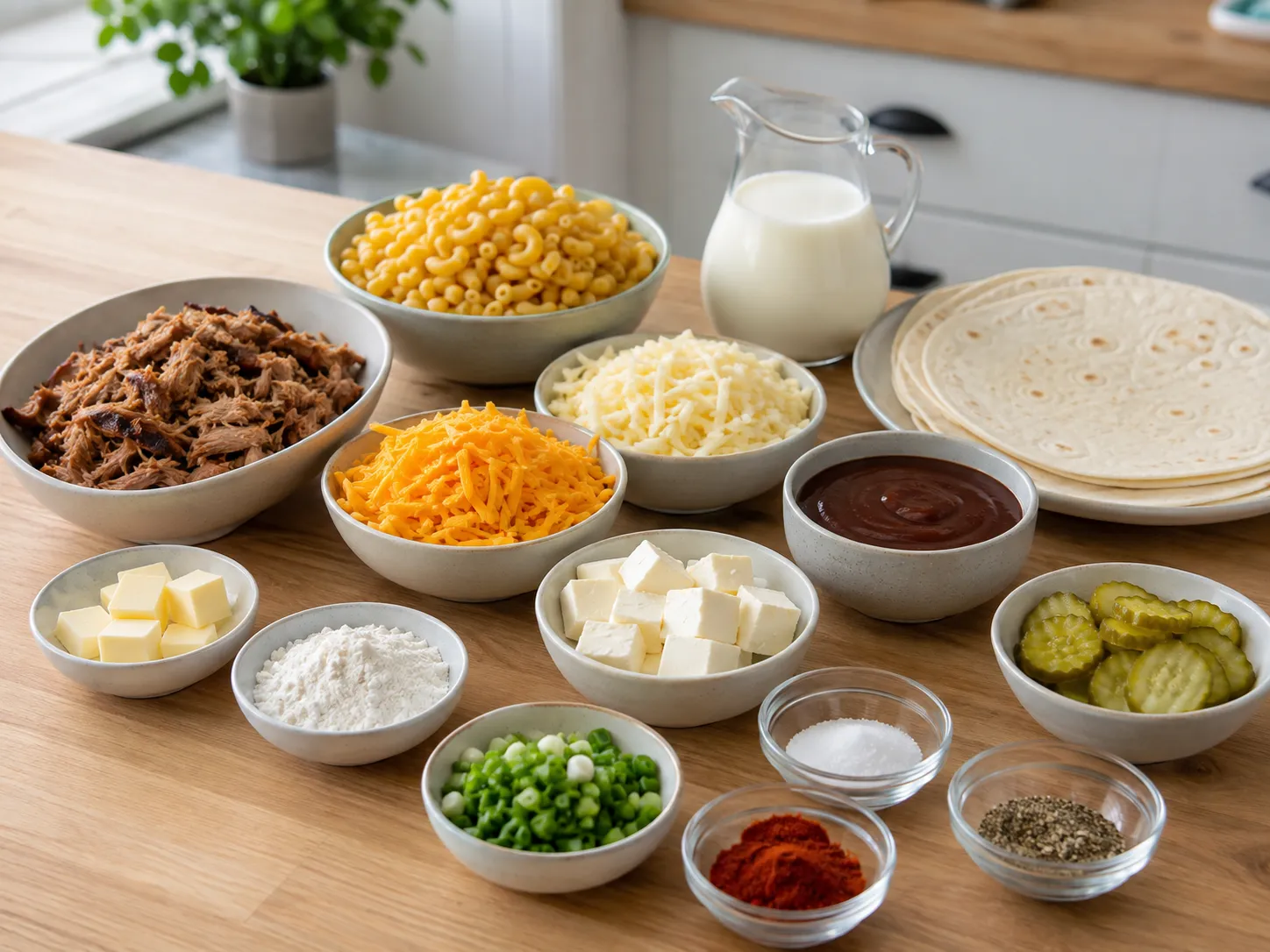 Ingredients for pulled pork mac and cheese wraps on a wood counter