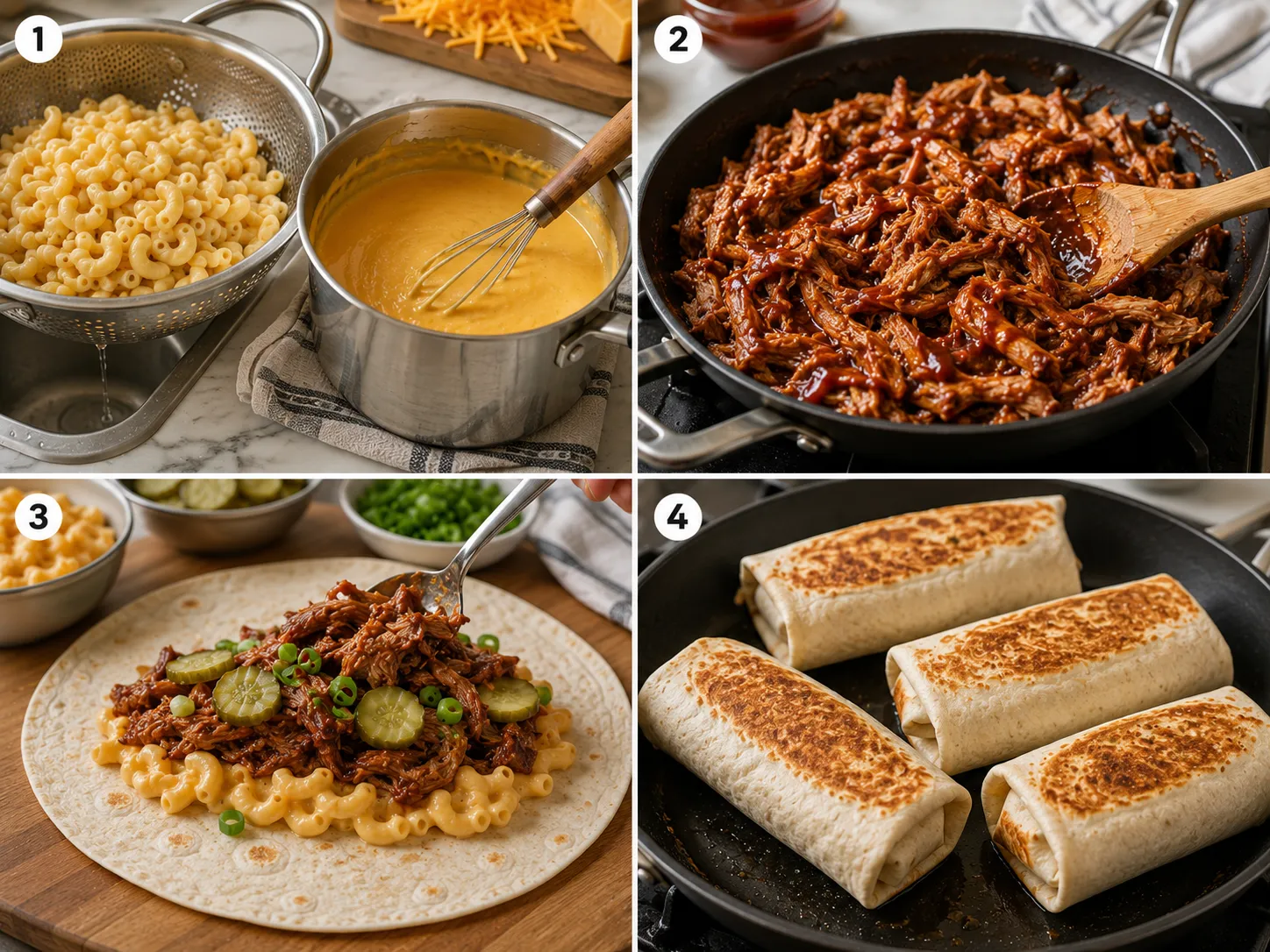 Four cooking steps for pulled pork mac and cheese wraps