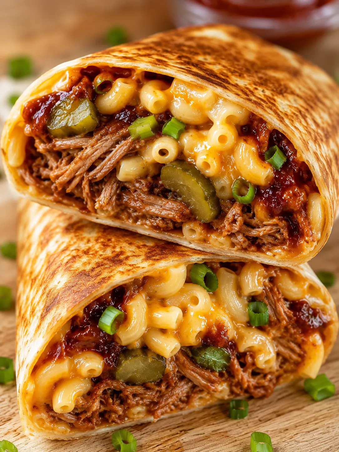Crispy pulled pork mac and cheese wraps with pickles and scallions