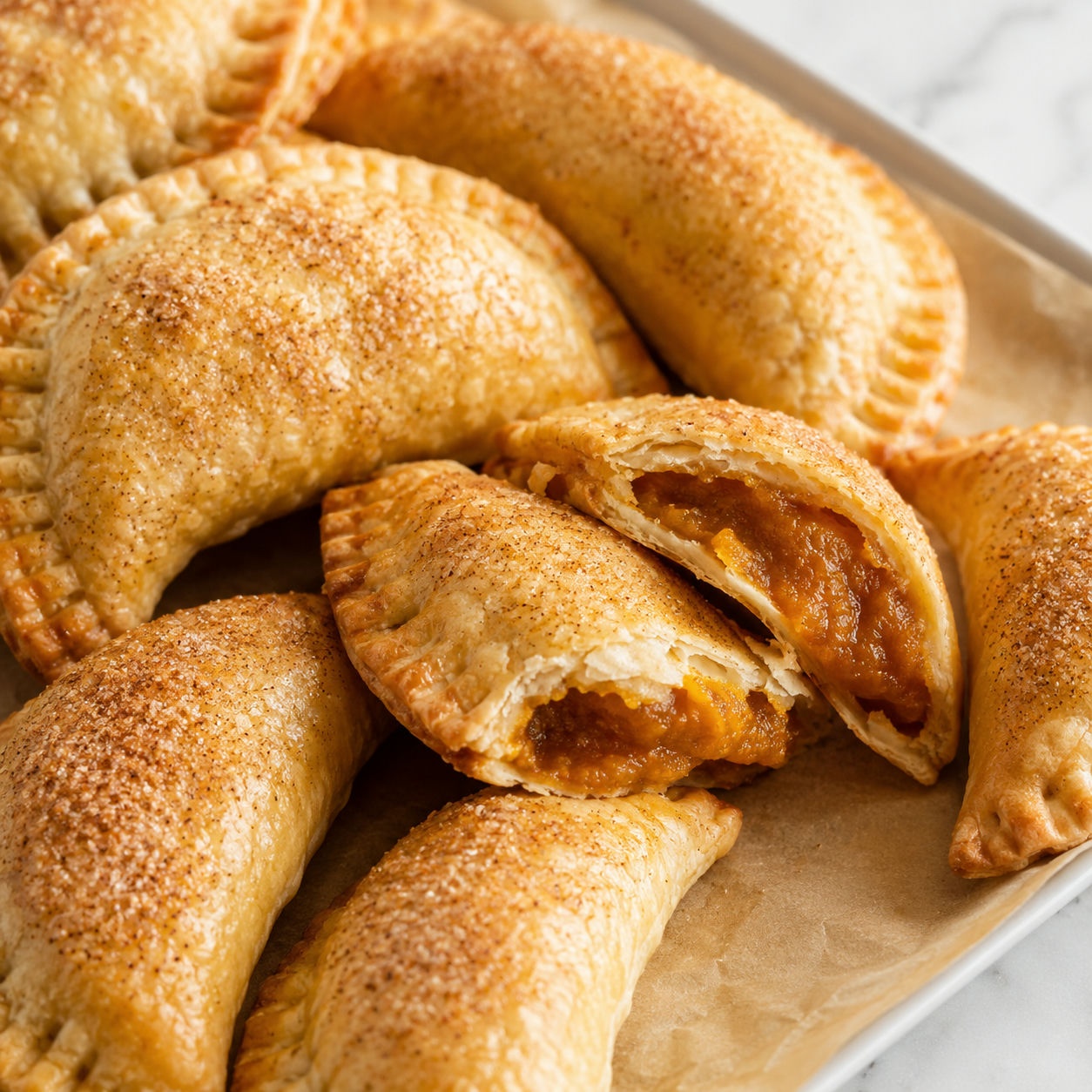 Golden pumpkin empanadas with cinnamon sugar and spiced pumpkin filling