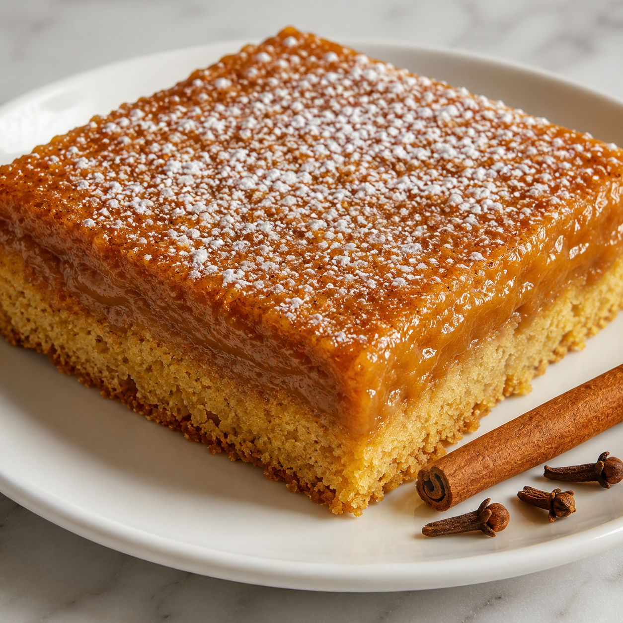 Slice of pumpkin spice gooey cake with powdered sugar on a white ceramic plate