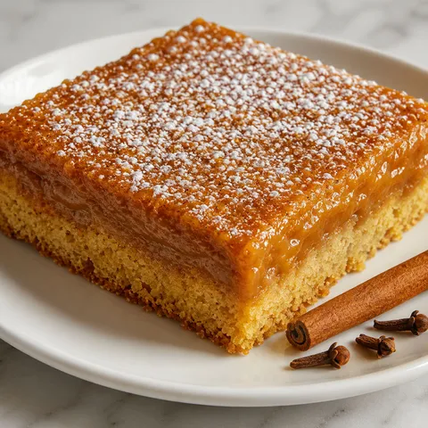 Slice of pumpkin spice gooey cake with powdered sugar on a white ceramic plate