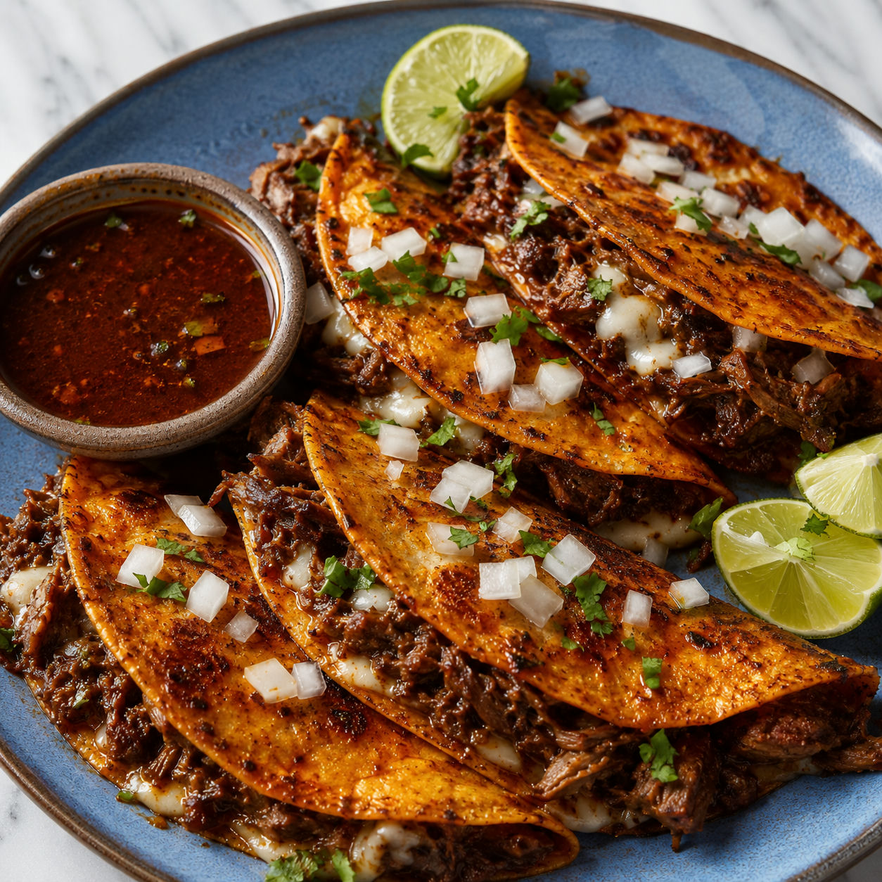 Quesabirria tacos with melted cheese, cilantro, onion, and consome