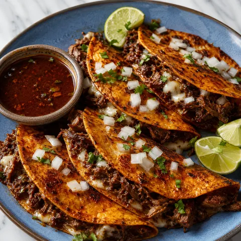 Quesabirria tacos with melted cheese, cilantro, onion, and consome