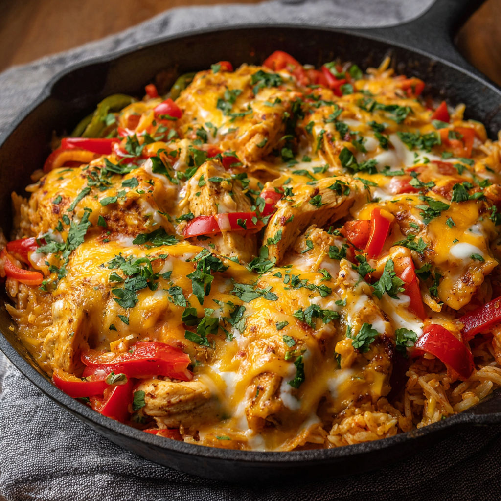 Cheesy Queso Chicken Fajita Skillet with Peppers and Rice