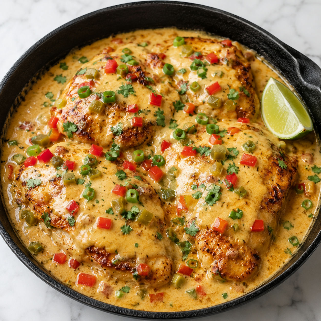 Queso smothered chicken in a skillet with cilantro and green onions