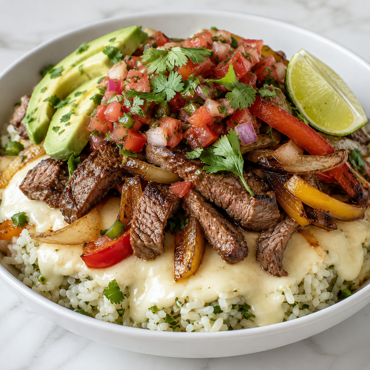 Queso steak fajita stack with rice, peppers, avocado, and cilantro