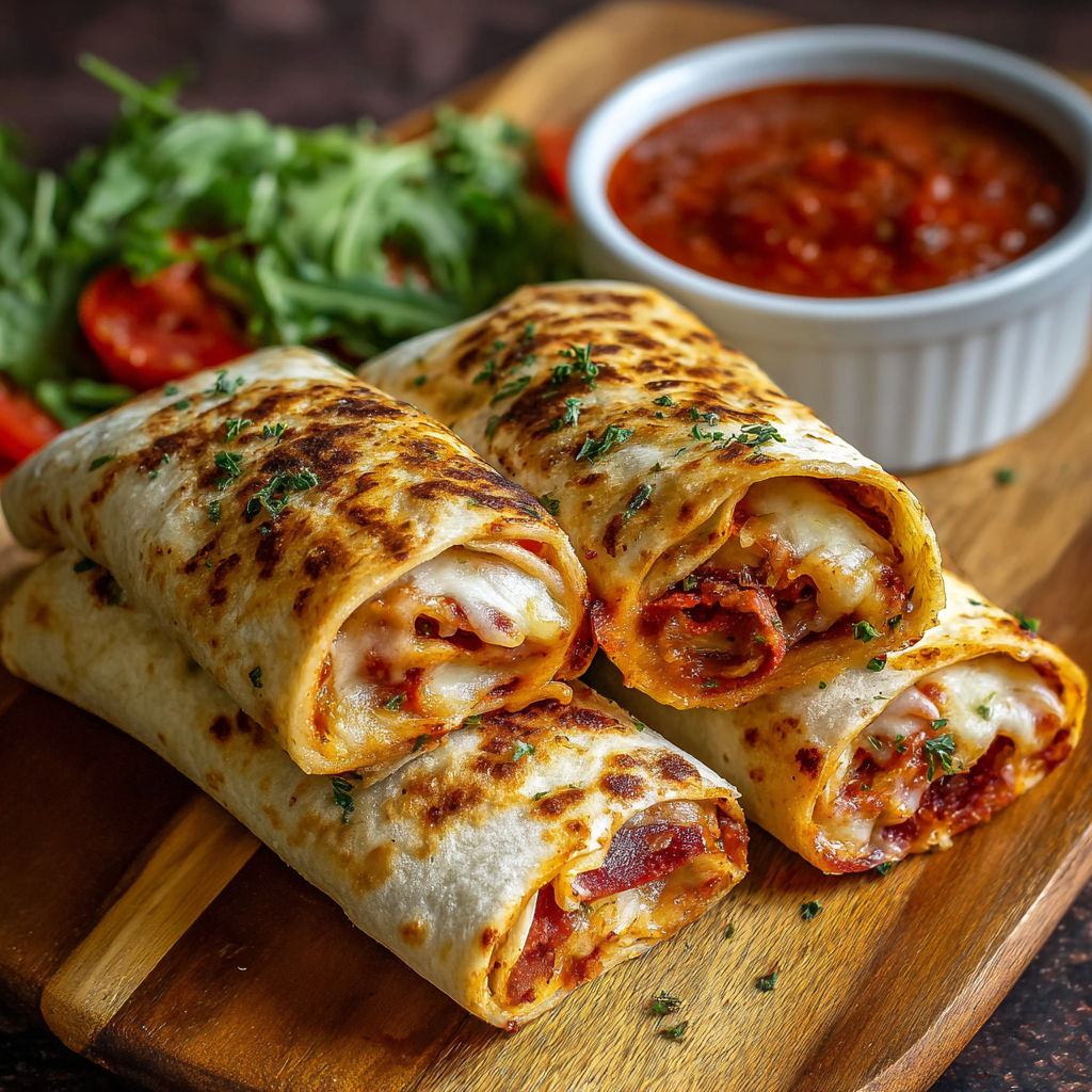 Quick Baked Pizza Wraps with Mozzarella and Pepperoni
