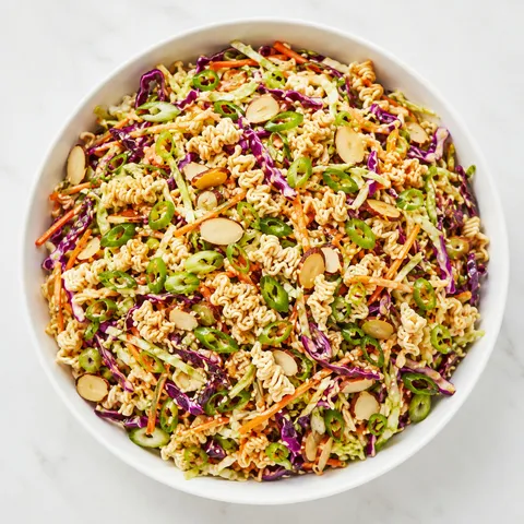 Ramen noodle salad with cabbage, carrots, almonds, and scallions