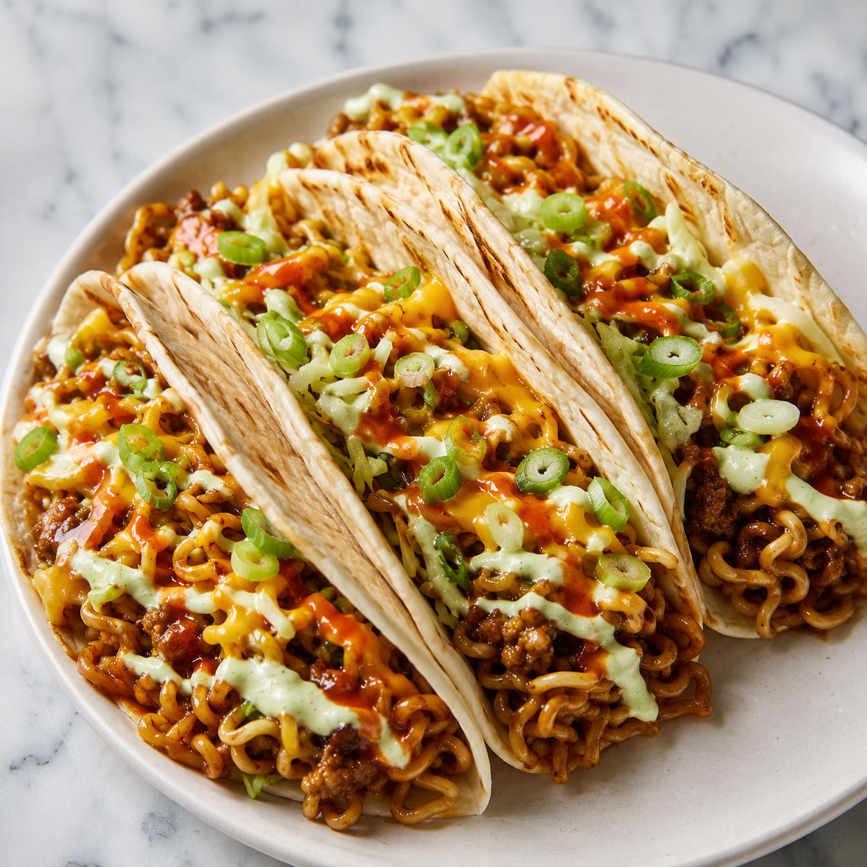 Ramen noodle tacos with beef, cabbage, cheese, scallions, and lime crema