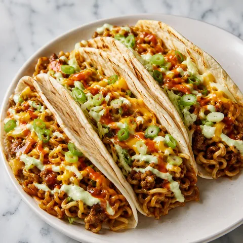 Ramen noodle tacos with beef, cabbage, cheese, scallions, and lime crema