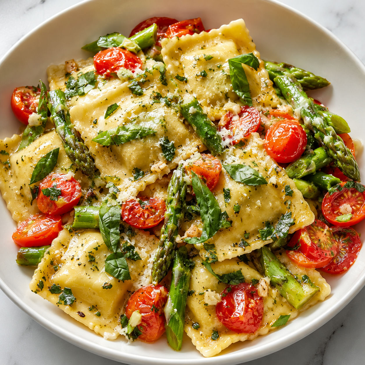 Ravioli with tomatoes, asparagus, parmesan, basil, and parsley