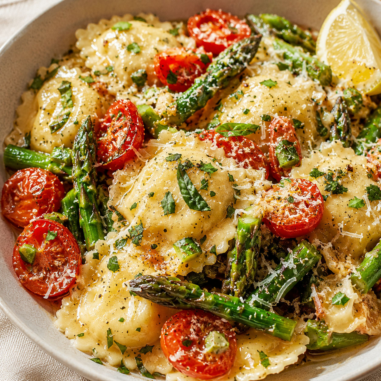 Ravioli with tomatoes, asparagus, herbs, parmesan, and lemon