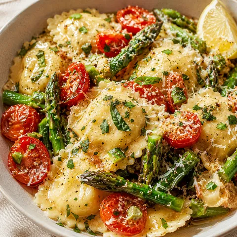 Ravioli with tomatoes, asparagus, herbs, parmesan, and lemon