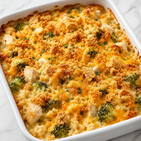 Cheesy chicken broccoli rice casserole with golden cracker topping
