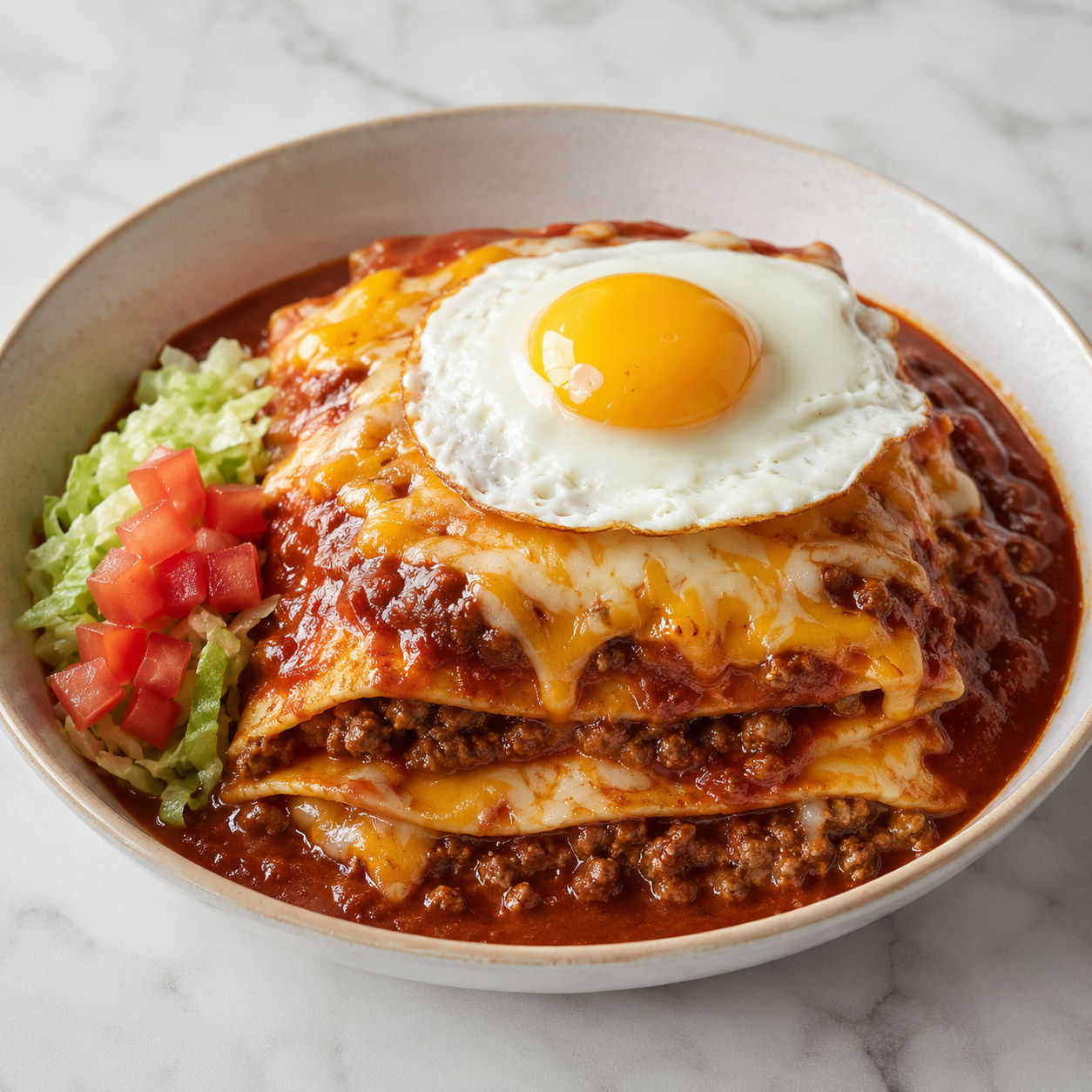 Red chile beef stacked enchiladas with melted cheese and a fried egg