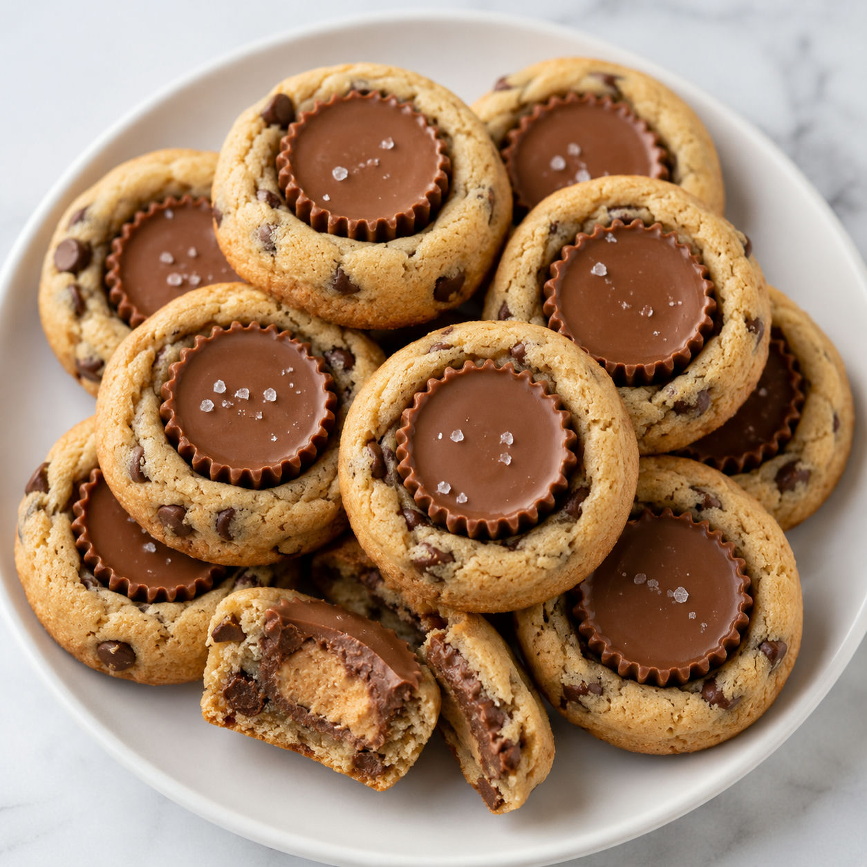 Reese's peanut butter chocolate chip cookie bites with melty candy centers