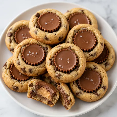 Reese's peanut butter chocolate chip cookie bites with melty candy centers
