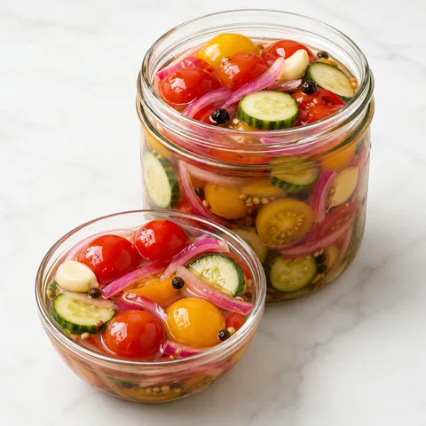 Pickled cherry tomatoes, red onions, and cucumbers in brine
