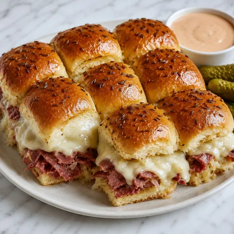 Reuben sliders with corned beef, Swiss, sauerkraut, and glossy buttered rolls